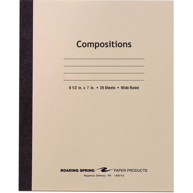 Roaring Spring Wide Ruled Flexible Cover Composition Book – 20 Sheets – 40 Pages – Printed – Sewn/Tapebound – Both Side Ruling Surface – 15 lb Basis Weight – 56 g/m Grammage – 8 1/2″ x 7″ Sheet Size – 0.13″ Height x 7″ Width x 8.5″ Length – White Pa
