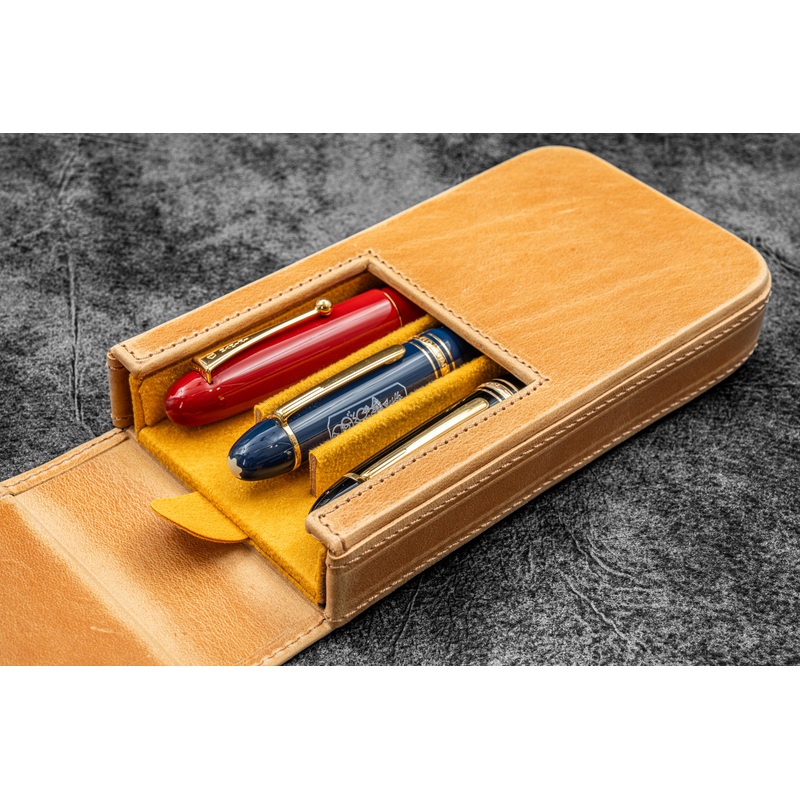 Leather Magnum Opus 3 Slots Hard Pen Case with Removable Pen Tray – C. H. Honey Ochre
