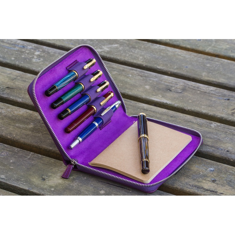 Leather Zippered 5 Slots Pen Case – Purple