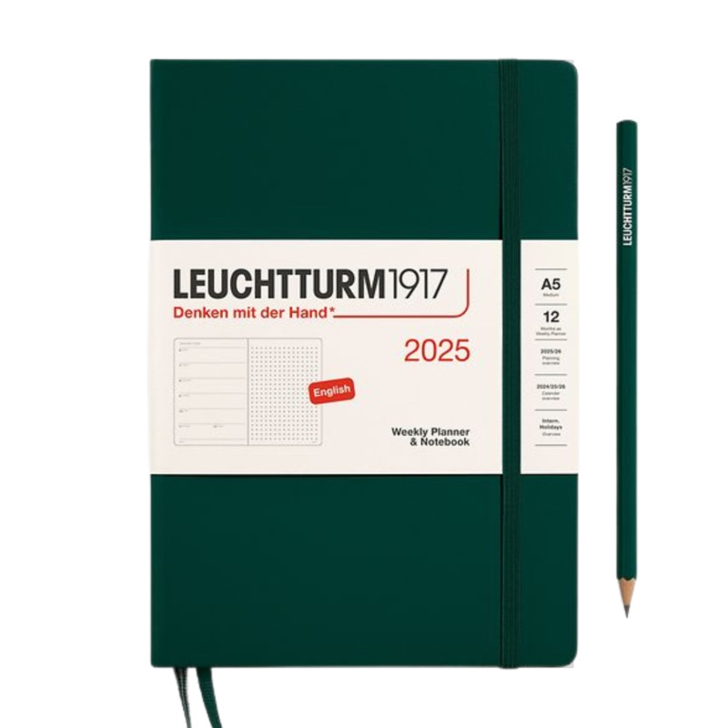 Leuchtturm1917 A5 Medium Hardcover Weekly Planner & Notebook 2025 – Dotted / Forest Green