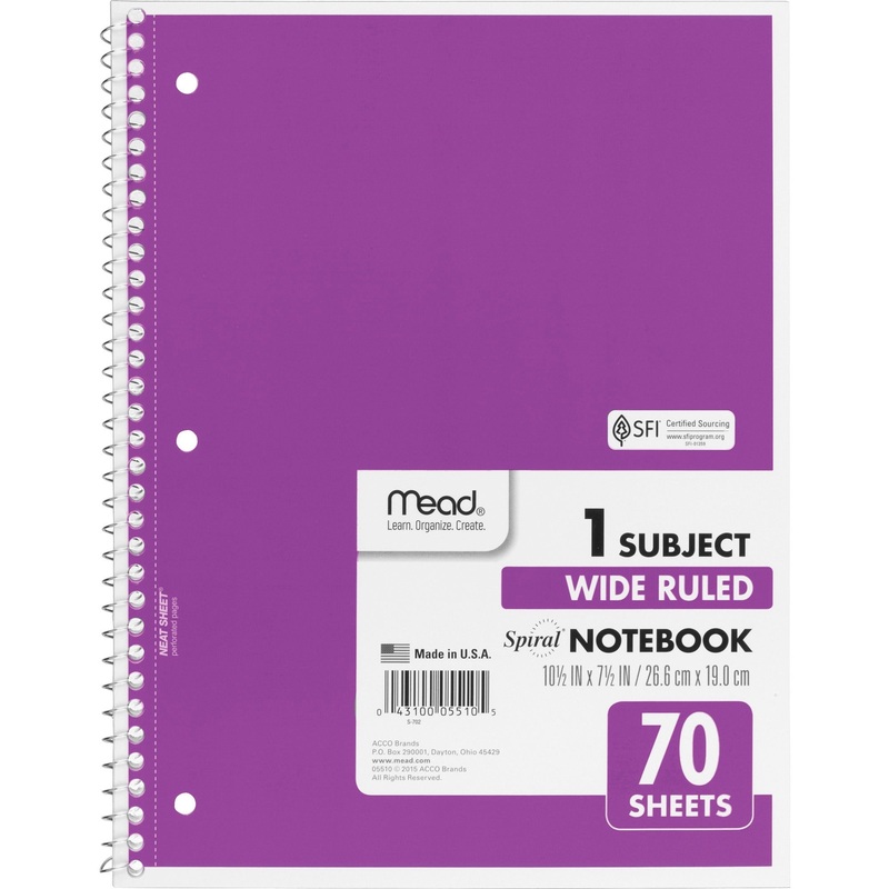 Mead Wide Ruled 1-Subject Notebook – 70 Sheets – Spiral – Wide Ruled Front Ruling – 8″ x 10 1/2″ Sheet Size – White Paper – Assorted Cover – Hole-punched, Micro Perforated – 1 Each