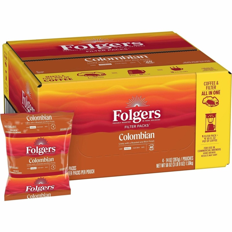 Folgers Filter Pack Colombian Coffee – Regular – Medium/Dark – 1.4 oz – Filter Pack – 40 / Carton