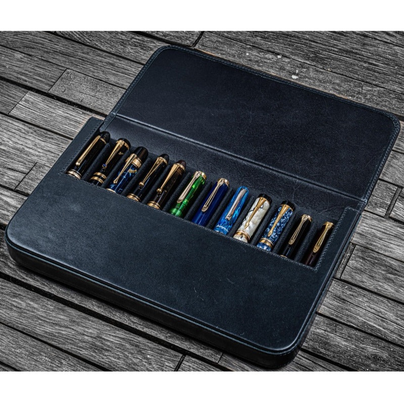 Galen Leather 12 Slot Magnum Opus Pen Case – Black (with Removable Pen Tray)