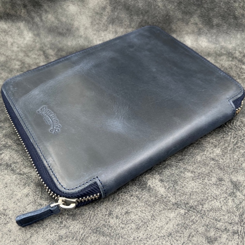 Galen Leather 10 Slots Zippered Pen Case with A5 Notebook Holder – Crazy Horse Navy Blue
