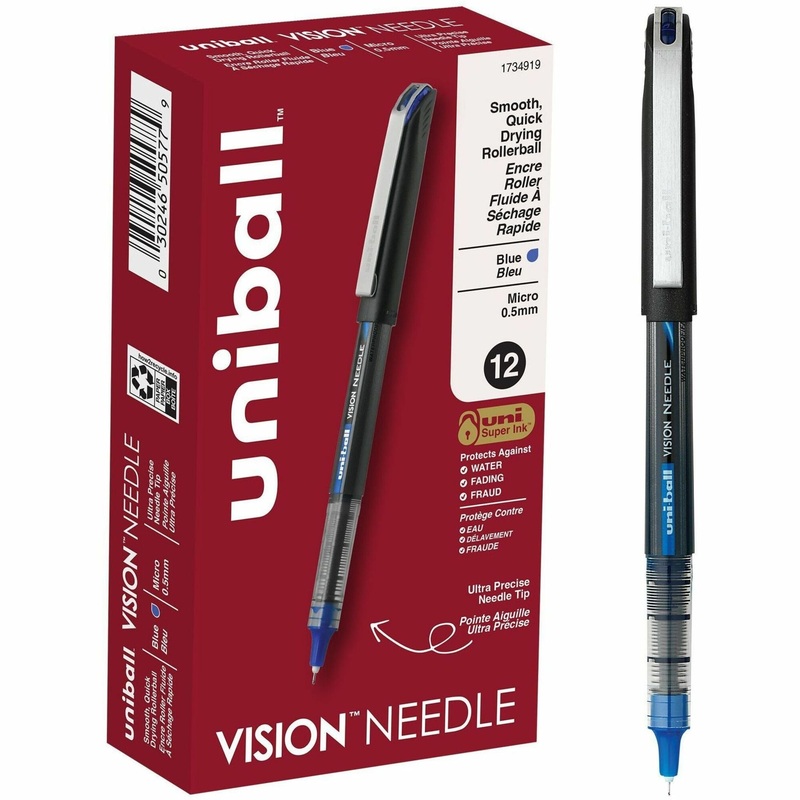 uniball Vision Needle Rollerball Pens – 0.5 mm Micro Pen Point – Blue Ink – Liquid – 1 Dozen