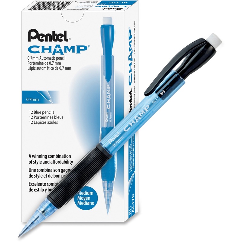 Pentel Champ Mechanical Pencils – 0.7 mm Lead – #2 – Refillable – Blue Barrel – 1 Dozen