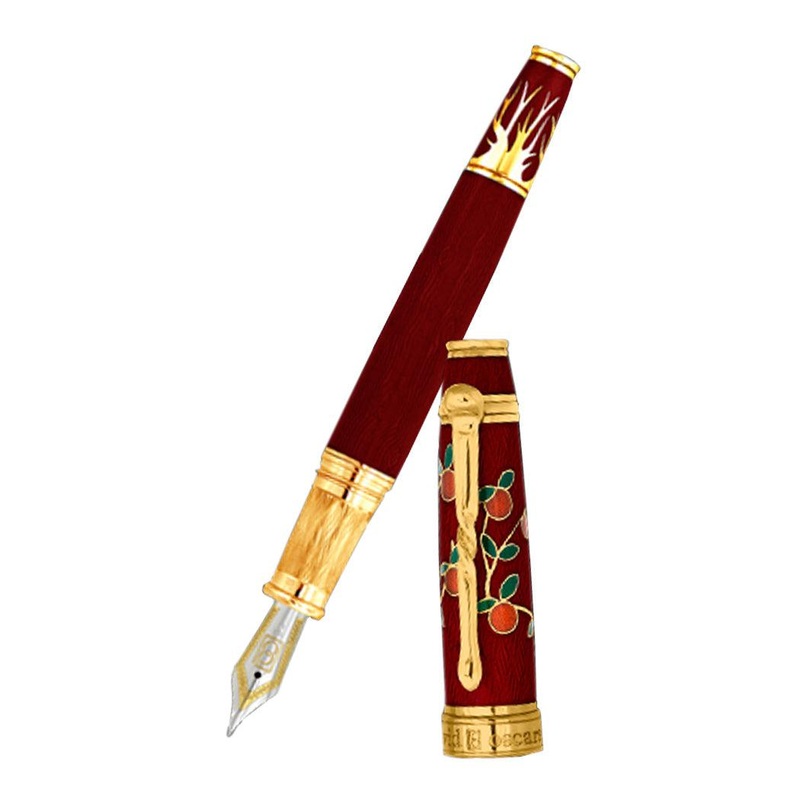 David Oscarson Tree of Life Fountain Pen – Red with Orange and Green Fine