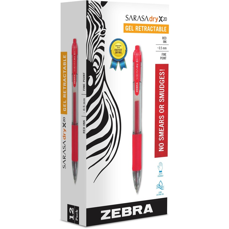 Zebra SARASA dry X20 Retractable Gel Pen – 0.5 mm Fine Pen Point – Retractable – Red Ink – Gel-based – Transparent, Red Barrel – 1 Dozen