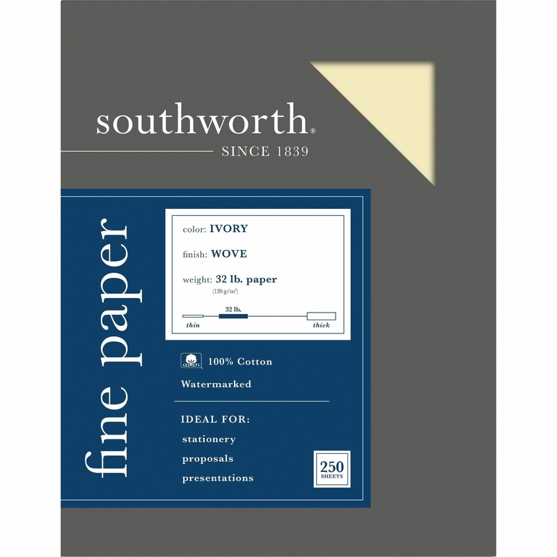 Southworth 100% Cotton Business Paper – Letter – 8 1/2″ x 11″ – 32 lb Basis Weight – Wove – Acid-free, Watermarked – Ivory – 250 / Box