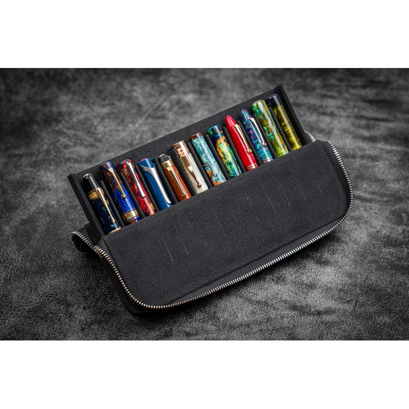 Leather Zippered Magnum Opus 12 Slots Hard Pen Case with Removable Pen Tray – Black