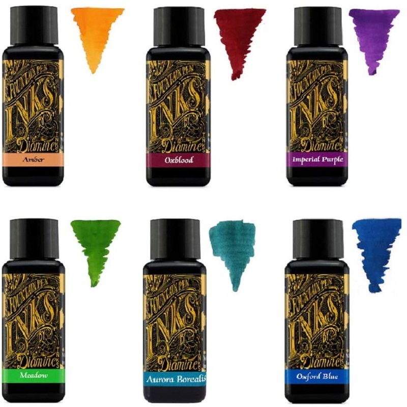 Diamine Fountain Pen Ink 30ml – Colour Wheel – 6 x Bottles – Amber, Oxblood, Imperial Purple, Aurora Borealis, Oxford Blue, Meadow