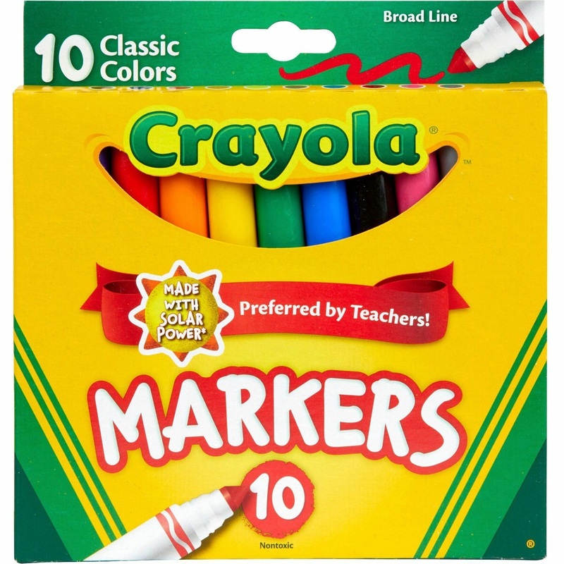 Crayola Classic Colors Broad Line Markers – Brown, Purple, Red, Orange, Yellow, Green, Black, Gray, Pink, Blue Ink – 10 / Set