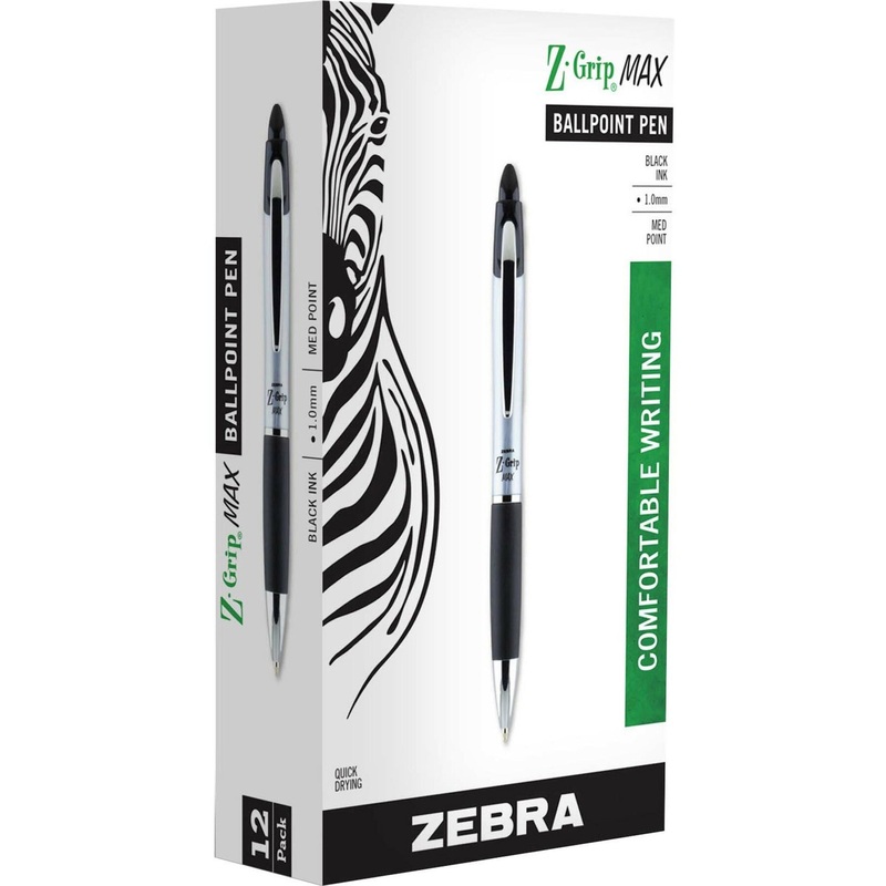 Zebra Z-grip Max Retractable Ballpoint Pens – 1 mm Medium Conical Pen Point – Retractable – Black Ink – Gray Barrel – 1 Dozen