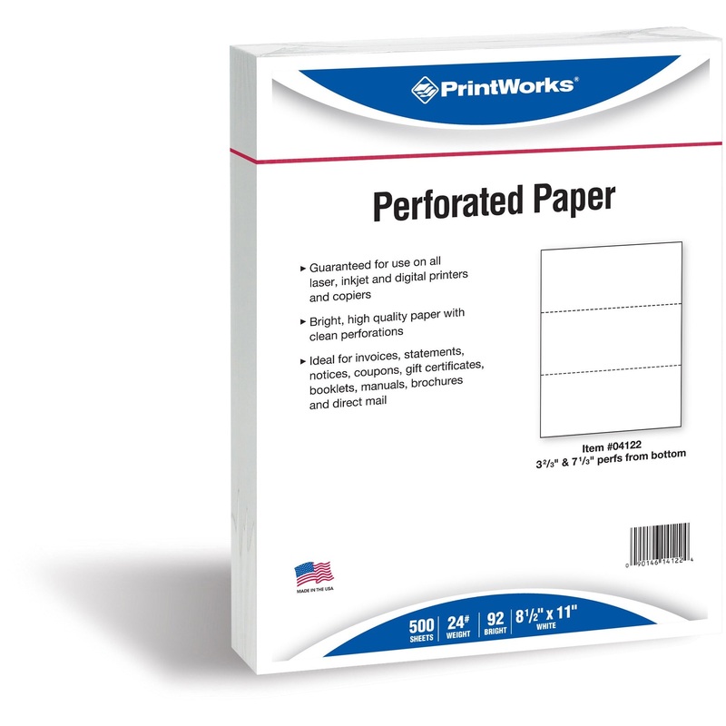 Printworks Perforated Office Paper – Letter – 8 1/2″ x 11″ – 24 lb Basis Weight – Perforated – White – 500 / Ream