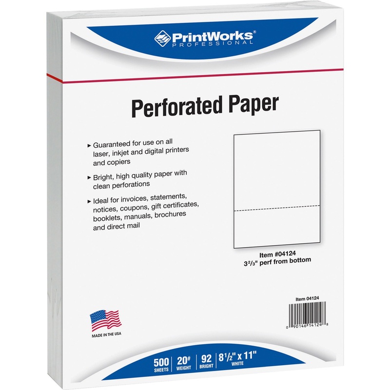 Printworks Pre-Perforated Paper for Invoices, Statements, Gift Certificates & More – Letter – 8 1/2″ x 11″ – 20 lb Basis Weight – Smooth – Sustainable Forestry Initiative (SFI) – Perforated – White – 500 / Ream