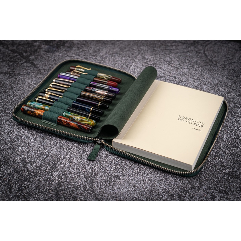 Leather Zippered 10 Slots Pen Case with A5 Notebook Holder – Crazy Horse Forest Green