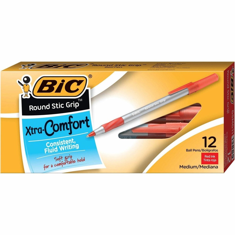 BIC Round Stic Grip Ballpoint Pen – Medium Pen Point – Red Ink – Frost Barrel – 12 / Box