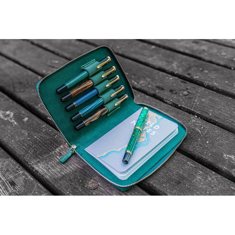 Galen Leather Pen Case Zippered 5 Slots in Crazy Horse Forest Green