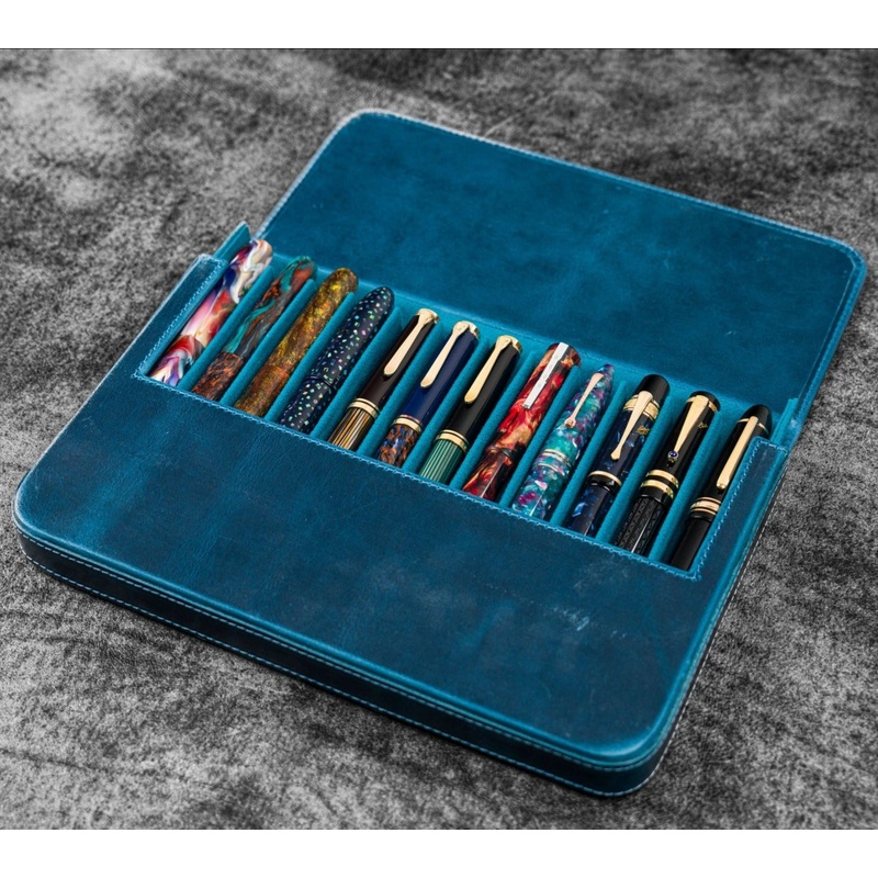 Galen Leather 12 Slot Magnum Opus Pen Case – Crazy Ocean Blue (with Removable Pen Tray)