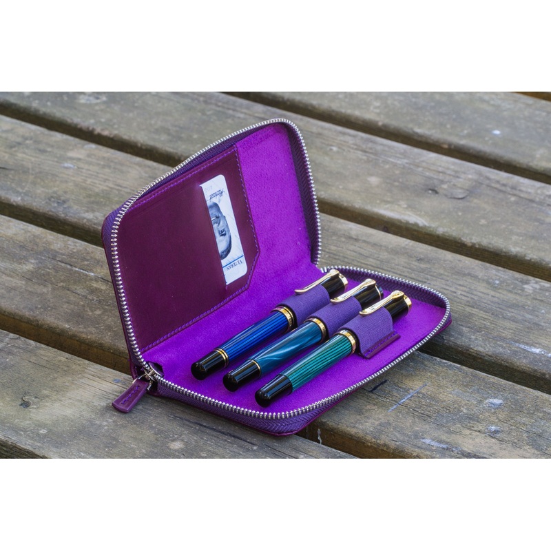 Leather Zippered 3 Slots Pen Case – Purple