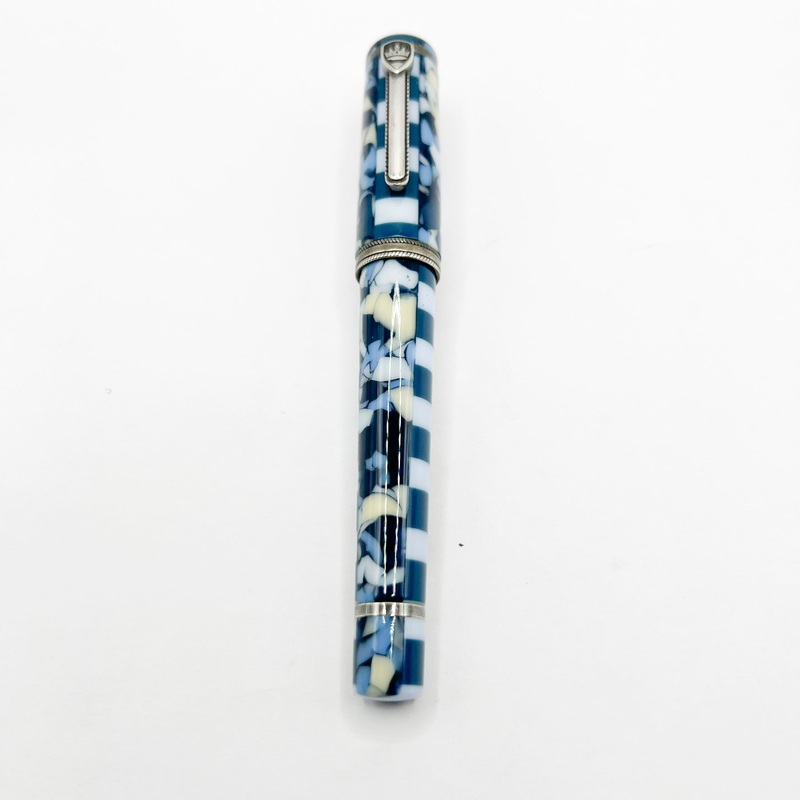 Krone Dissonance in Alternating Marbled  Blue &  Block Motif Fountain Pen – Medium 18 Kt Gold Nib – Exceedingly Funky!