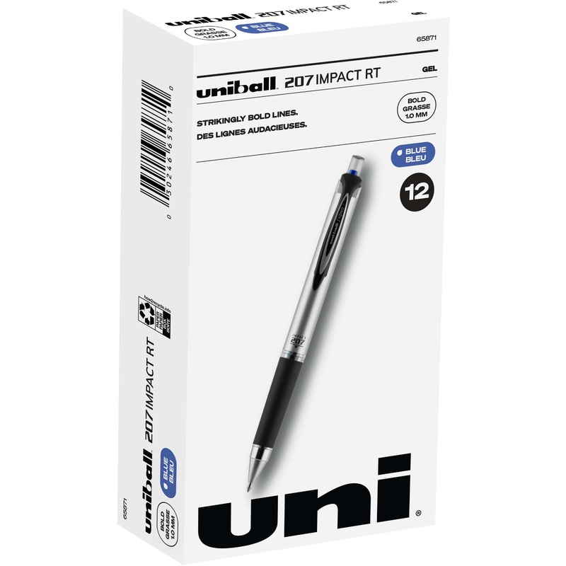 uniball 207 Impact RT Gel Pens – 1 mm Bold Pen Point – Refillable – Retractable – Blue Ink – Gel-based – Metallic Barrel – 1 Dozen
