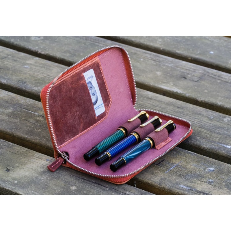Galen Leather Zippered Three Pen Case in Crazy Horse Orange