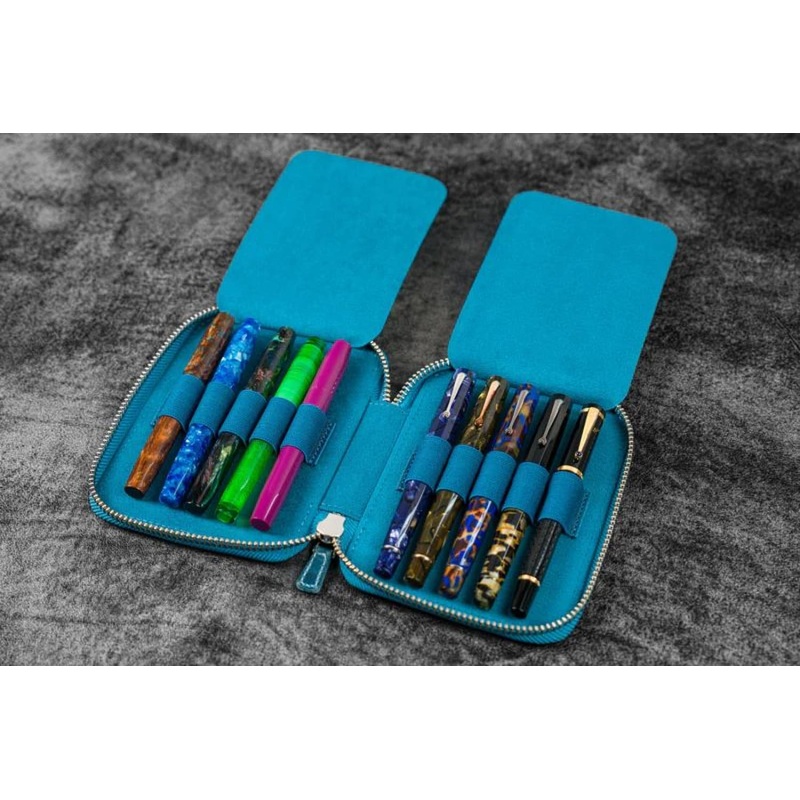 Galen Leather Pen Case Zippered 10 Slots in Crazy Horse Ocean Blue