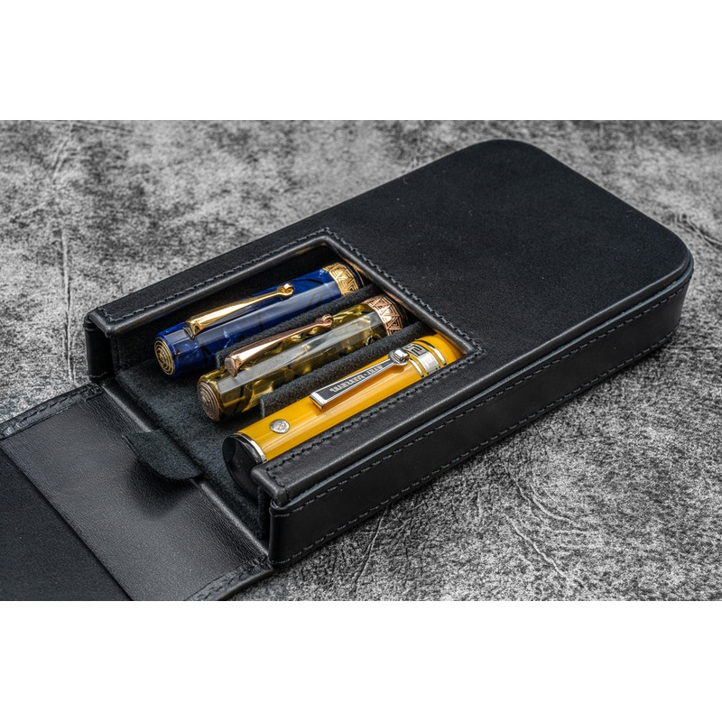 Galen Leather Magnum Opus 3 Slot Hard Pen Case with Removable Pen Tray Black