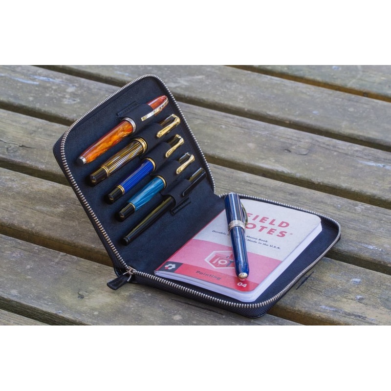 Galen Leather Pen Case Zippered 5 Slots in Black