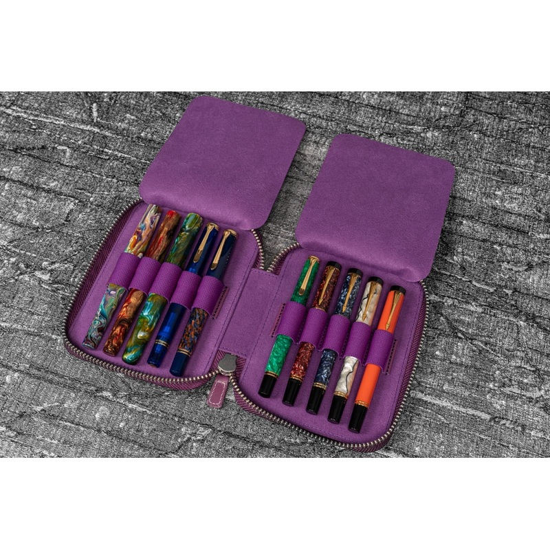 Galen Leather Pen Case Zippered 10 Slots in Purple