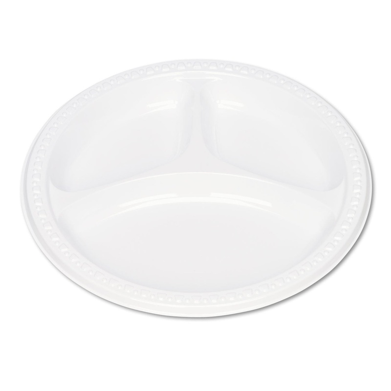 Plastic Dinnerware, Compartment Plates, 9″ Dia, White, 125/pack