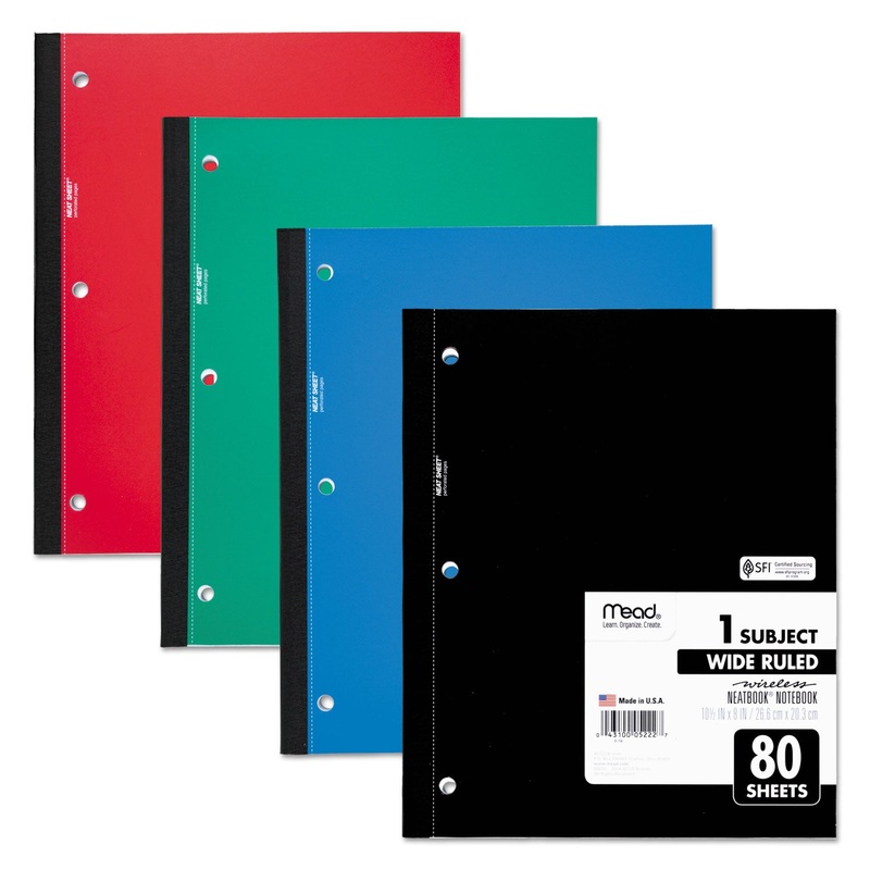 WIRELESS NEATBOOK NOTEBOOK, 1 SUBJECT, WIDE/LEGAL RULE, ASSORTED COLOR COVERS, 10.5 X 8, 80 SHEETS
