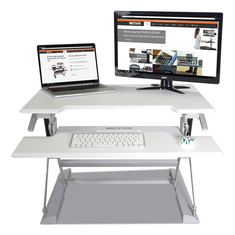HIGH RISE HEIGHT ADJUSTABLE STANDING DESK WITH KEYBOARD TRAY, 31W X 31.25D X 21H, WHITE/GRAY