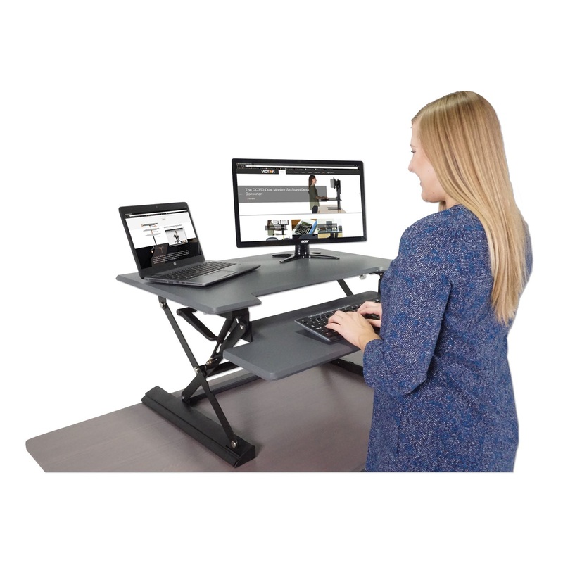 HIGH RISE HEIGHT ADJUSTABLE STANDING DESK WITH KEYBOARD TRAY, 36W X 31.25D X 21H, GRAY/BLACK