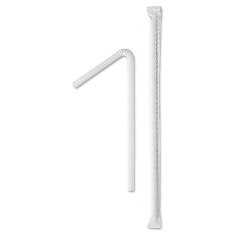 Wrapped Super-Jumbo Flexible Straws, 7 5/8″, White, 10000/carton