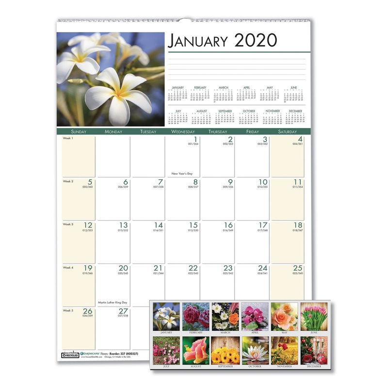 RECYCLED FLORAL MONTHLY WALL CALENDAR, 12 X 16 1/2, 2020