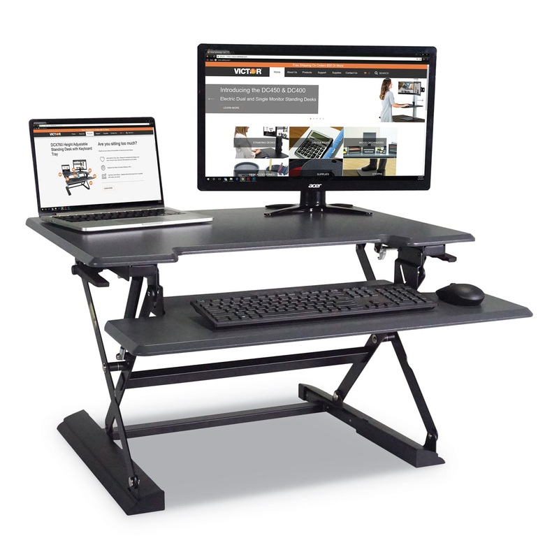 HIGH RISE HEIGHT ADJUSTABLE STANDING DESK WITH KEYBOARD TRAY, 31W X 31.25D X 21H, GRAY/BLACK