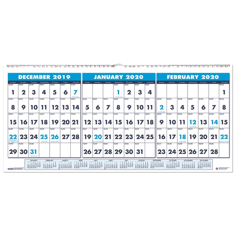 RECYCLED THREE-MONTH HORIZONTAL WALL CALENDAR, 17 X 8, 14-MONTH, 2019-2021