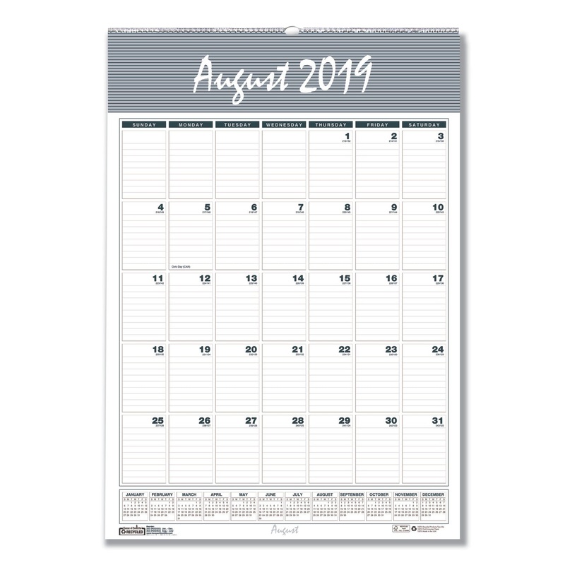 RECYCLED BAR HARBOR WIREBOUND ACADEMIC MONTHLY WALL CALENDAR, 15.5X22, 2019-2020