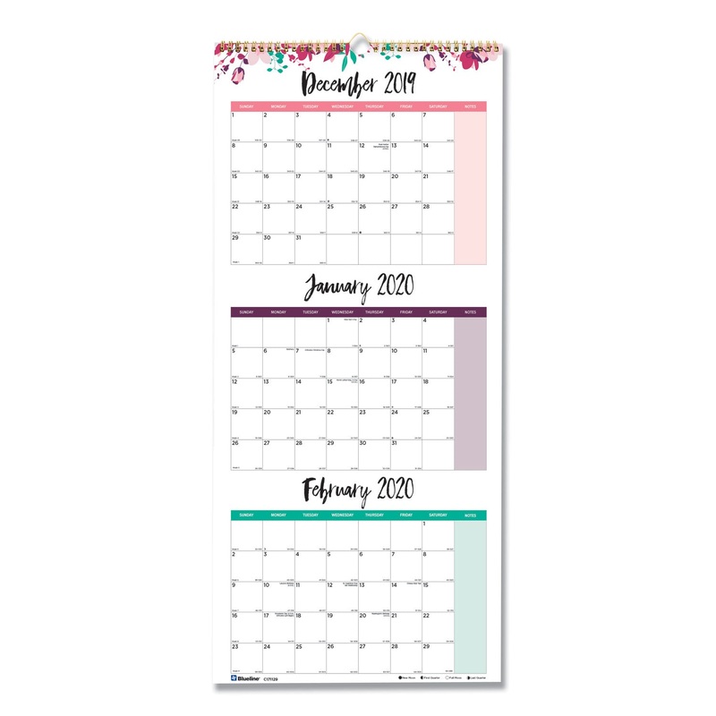 3-MONTH WALL CALENDAR, 12 1/4 X 27, FLORAL, 2020