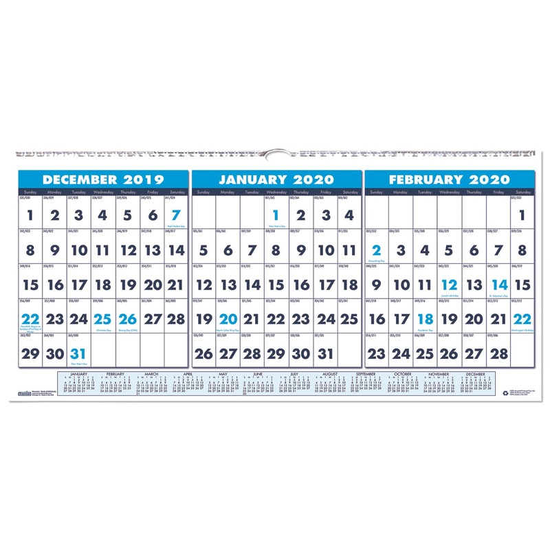 RECYCLED THREE-MONTH HORIZONTAL WALL CALENDAR, 23 1/2 X 12, 14-MONTH, 2019-2021