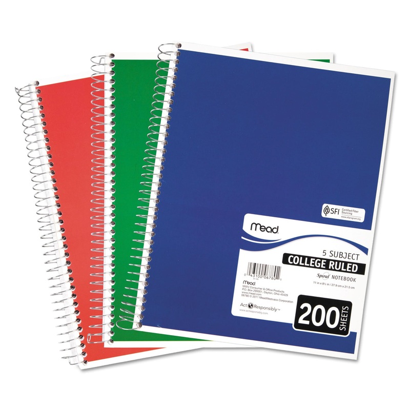 SPIRAL NOTEBOOK, 5 SUBJECTS, MEDIUM/COLLEGE RULE, ASSORTED COLOR COVERS, 11 X 8, 200 SHEETS