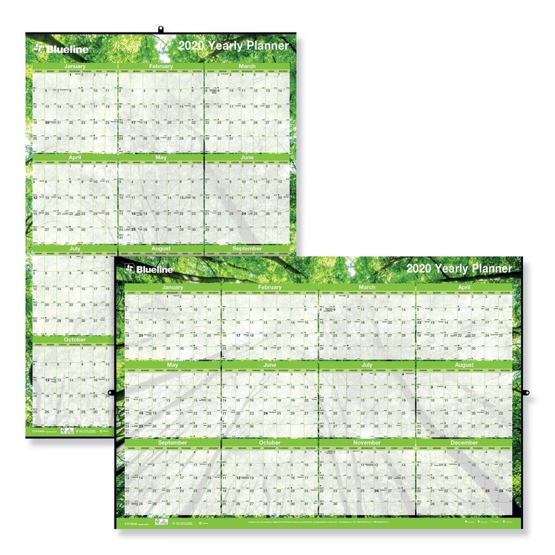 YEARLY LAMINATED WALL CALENDAR, 36 X 24, GREEN, 2020