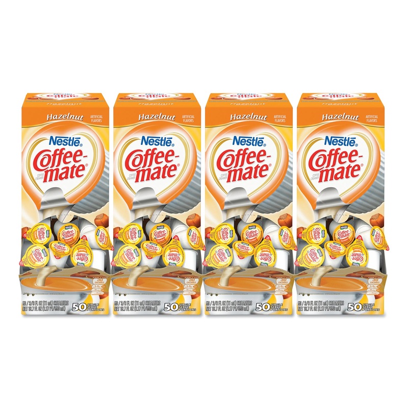 LIQUID COFFEE CREAMER, HAZELNUT, 0.38 OZ MINI CUPS, 50/BOX, 4 BOXES/CARTON, 200 TOTAL/CARTON