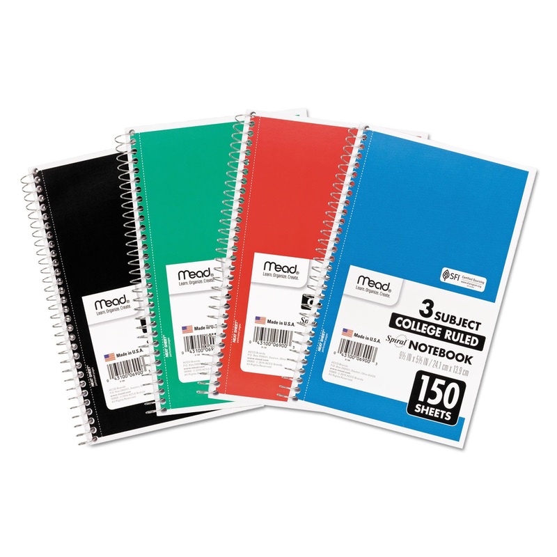 SPIRAL NOTEBOOK, 3 SUBJECTS, MEDIUM/COLLEGE RULE, ASSORTED COLOR COVERS, 9.5 X 5.5, 150 SHEETS