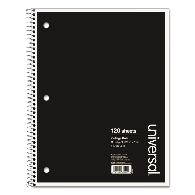WIREBOUND NOTEBOOK, 3 SUBJECTS, MEDIUM/COLLEGE RULE, BLACK COVER, 11 X 8.5, 120 SHEETS