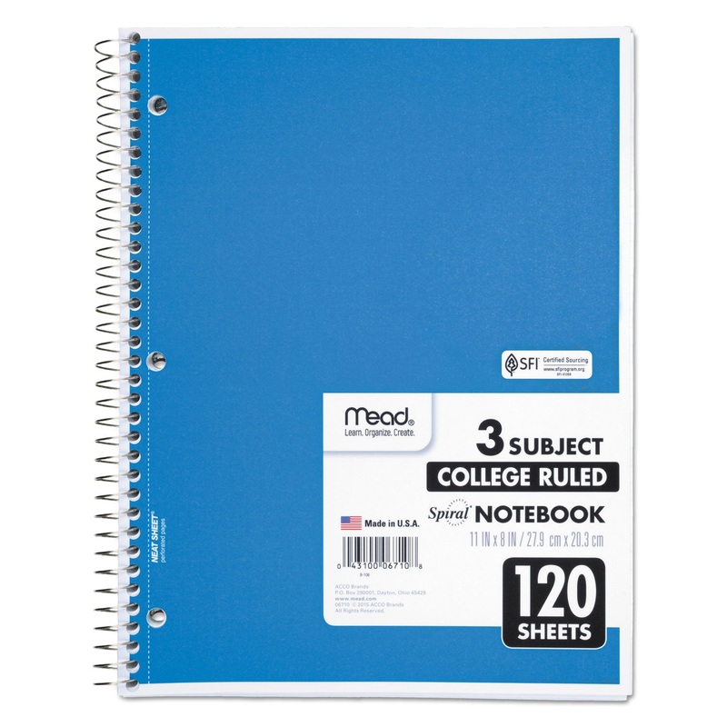 SPIRAL NOTEBOOK, 3 SUBJECTS, MEDIUM/COLLEGE RULE, ASSORTED COLOR COVERS, 11 X 8, 120 SHEETS