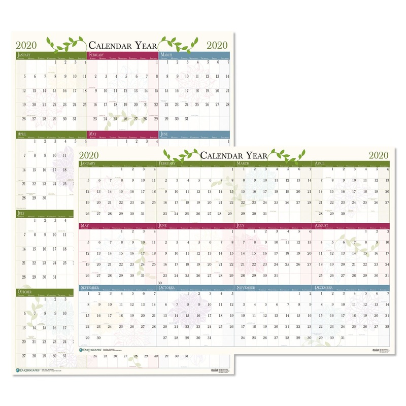 RECYCLED FLORAL REVERSIBLE/ERASABLE WALL CALENDAR, 24 X 37, 2020