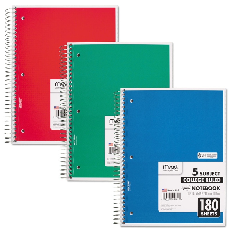 SPIRAL NOTEBOOK, 5 SUBJECTS, MEDIUM/COLLEGE RULE, ASSORTED COLOR COVERS, 10.5 X 8, 180 SHEETS